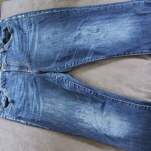 CAbi Authentic High Straight Jeans Style #3561 Sz 16, Dark Distressed Blue Demin